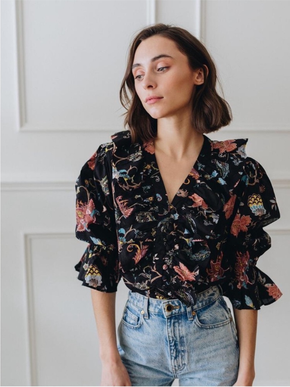 Mille Hanna Top St Germain Ruffle Button-Down feminine Floral Coquette Cottage L
